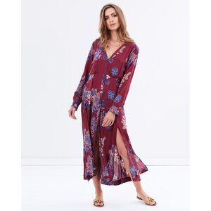 Free People Miranda Printed Midi Dress XS Burgundy Boho Embroidered High Slits